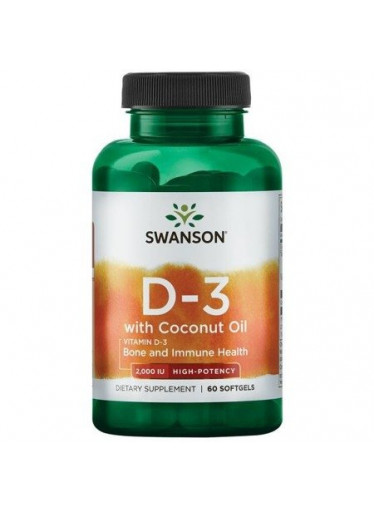 Swanson Vitamin D3 with Coconut oil (s kokosovým olejem), 2000 IU, 60 softgelových kapslí