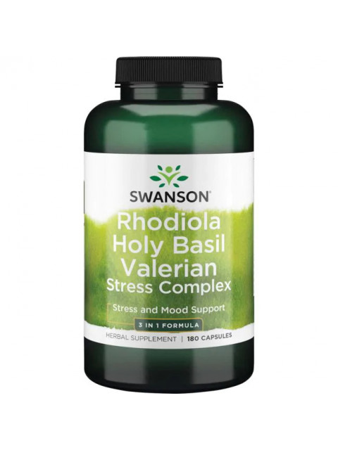 Swanson Full Spectrum Rhodiola Holy Basil Valerian Stres Complex (Rhodiola, Bazalka indická, Kozlík lékařský), 180 kapslí