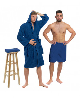 Sada Navy Blue: župan s kapucí a výšivkou + pánský saunový kilt + osuška